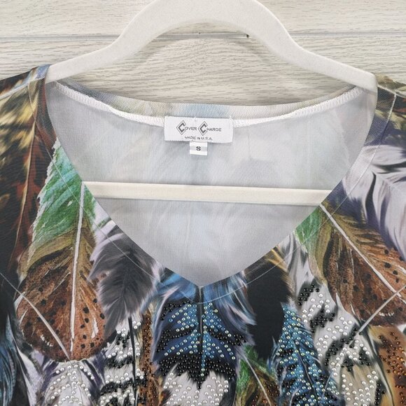 Sheer Sleeve Bling Feather Print Long Sleeve Top - Picture 4 of 11